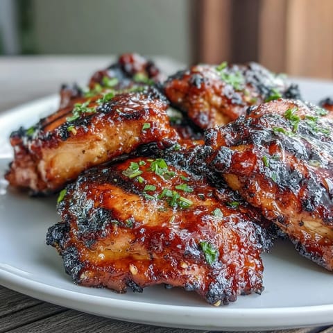 Grilled chicken thighs glazed with sweet honey sriracha marinade, caramelized and juicy, served with lime wedges and sesame seeds.  