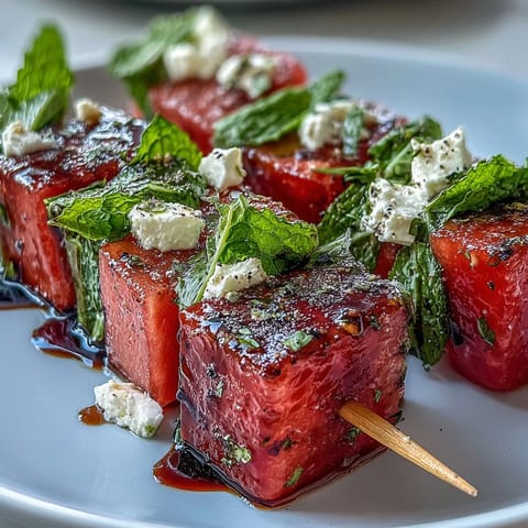 Watermelon Feta Mint Skewers with fresh mint and creamy feta, drizzled with olive oil for a refreshing summer appetizer.