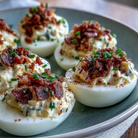 Creamy Bacon Ranch Deviled Eggs with crispy bacon and fresh chives, a flavorful appetizer perfect for Easter or any party.