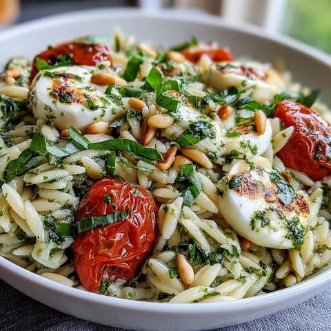 Cold Pesto Orzo Salad with cherry tomatoes and mozzarella in a vibrant basil pesto dressing.