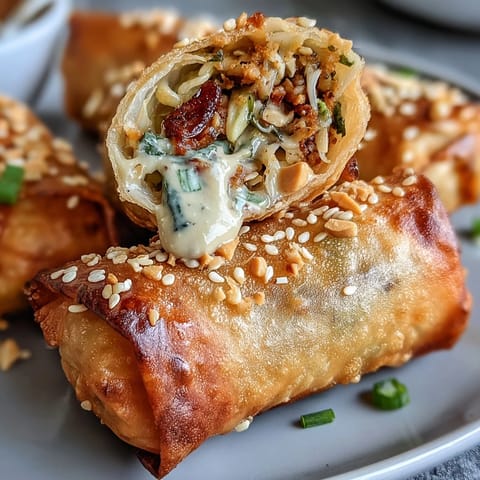 Crunchy, golden spring rolls filled with cabbage, carrots, and vermicelli noodles, accompanied by a rich, spicy peanut sauce for dipping.  