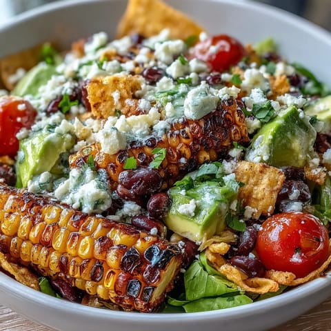 Hearty black bean taco salad featuring juicy grilled corn and creamy avocado.