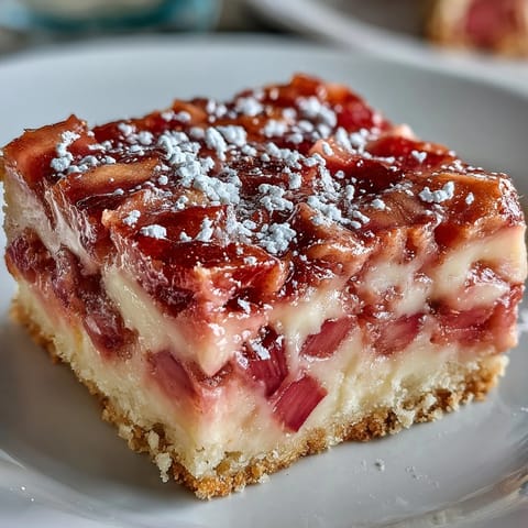 Golden Rhubarb Custard Bars with a buttery shortbread crust, ready for slicing.