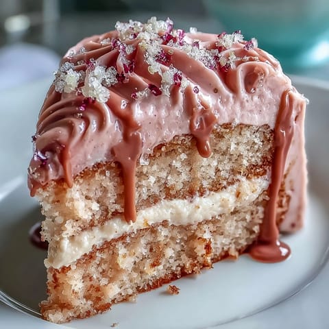 Elegant pink velvet cake infused with rosé wine, topped with silky cream cheese frosting and a striking edible gold drip, perfect for bridal showers and special occasions.  