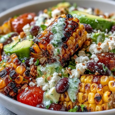 Vibrant grilled corn and black bean taco salad piled high with fresh, colorful ingredients.