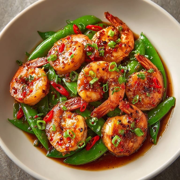 Golden sheet pan chili garlic shrimp recipe: beautifully caramelized with bright green snap peas.