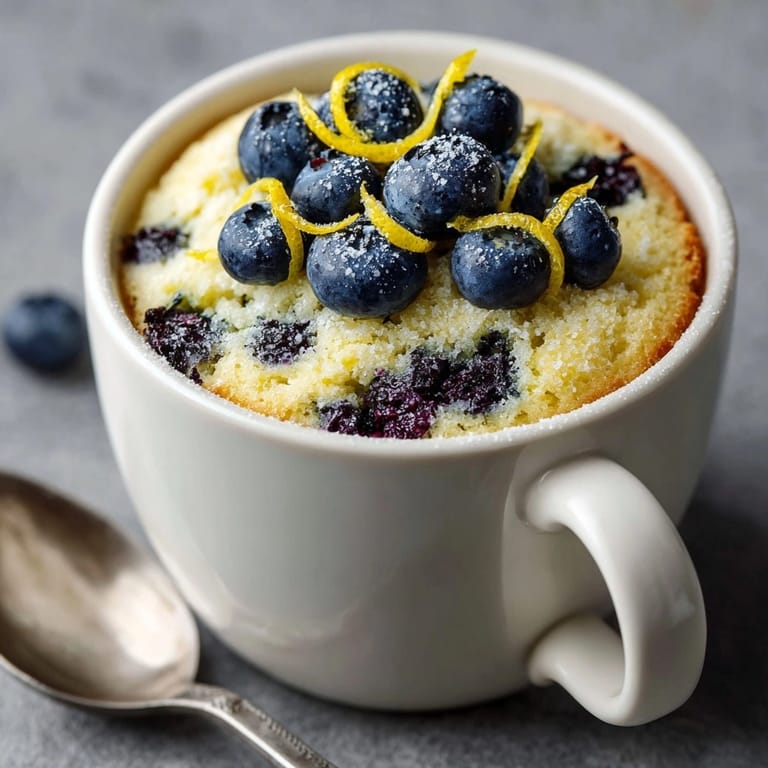 Warm, golden Blueberry Lemon Yogurt Mug Cake; sweet, citrusy breakfast treat.
