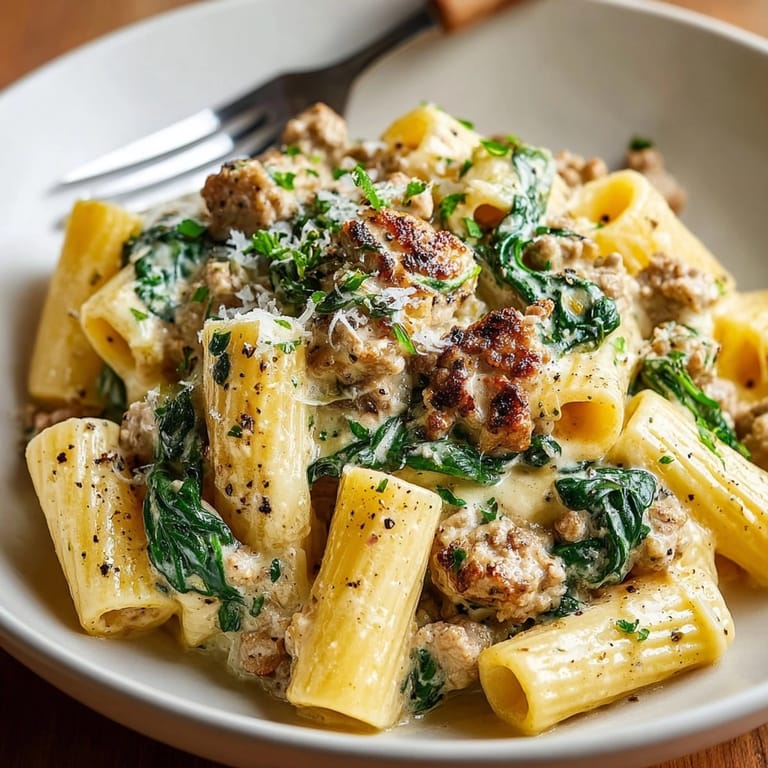 Enjoy this Creamy Ground Turkey &amp; Spinach Skillet Pasta, cheesy and ready in under 30!
