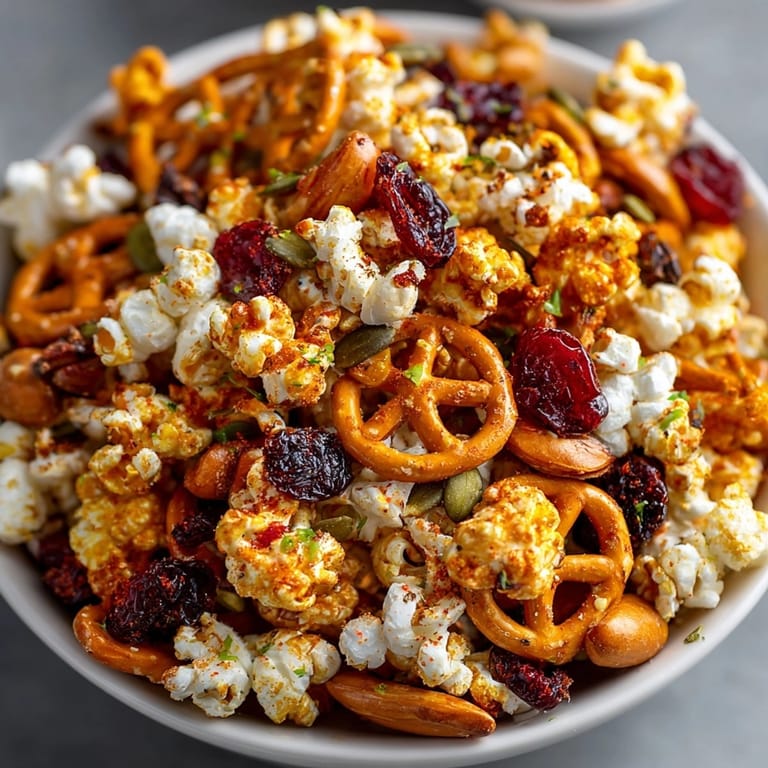 Crisp, flavorful Chili-Lime Popcorn Trail Mix, a crunchy, zesty homemade treat.