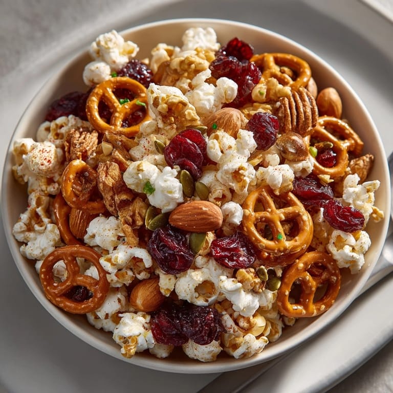 A close-up captures the vibrant colors and textures of sweet Chili-Lime Popcorn Trail Mix.