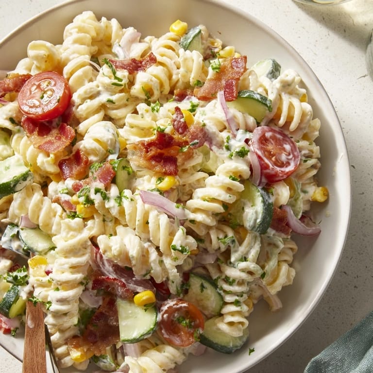 Delicious bowl of Alfredo Bacon Ranch Pasta Salad with fresh herbs, ready to serve.