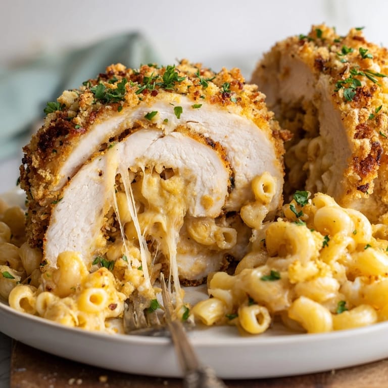 Close-up of sliced Mac and Cheese Stuffed Turkey Rolls revealing cheesy macaroni filling.