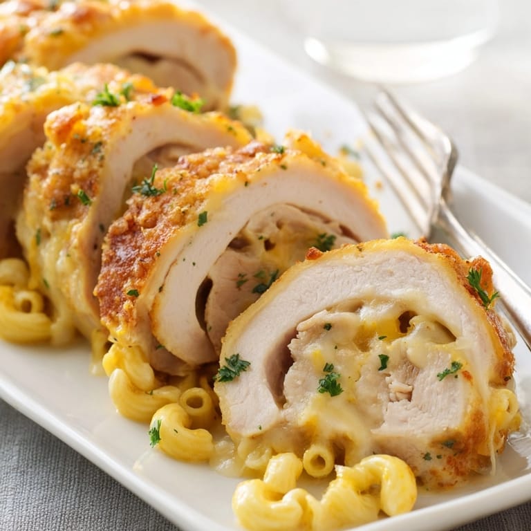 Warm, comforting Mac and Cheese Stuffed Turkey Rolls plated, garnished with fresh parsley.