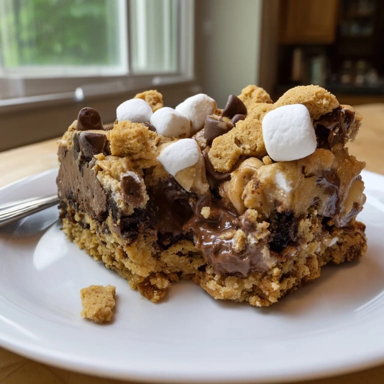 Indulge in rich Chaos Cake Smores Cookie Bars, featuring layers of cookie and chocolate.  