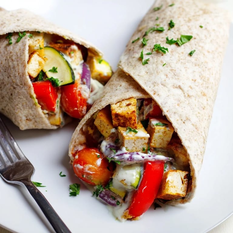 Delicious vegan viral recipe remake wrapped in whole wheat pita with creamy tahini sauce.