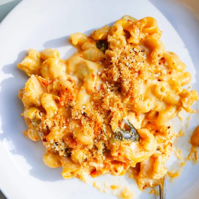 Melty cheese and tangy kimchi create the ultimate Spicy Kimchi Mac & Cheese delight.