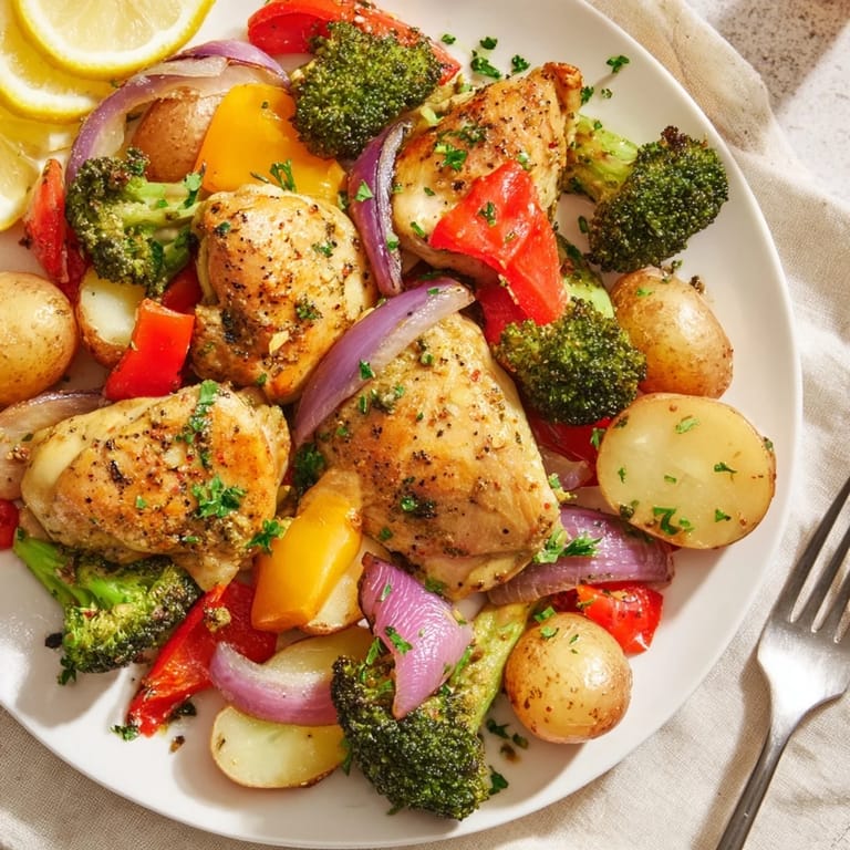 Hearty Lazy Gourmet Chicken & Vegetable One-Pot served with fresh parsley and lemon wedges.