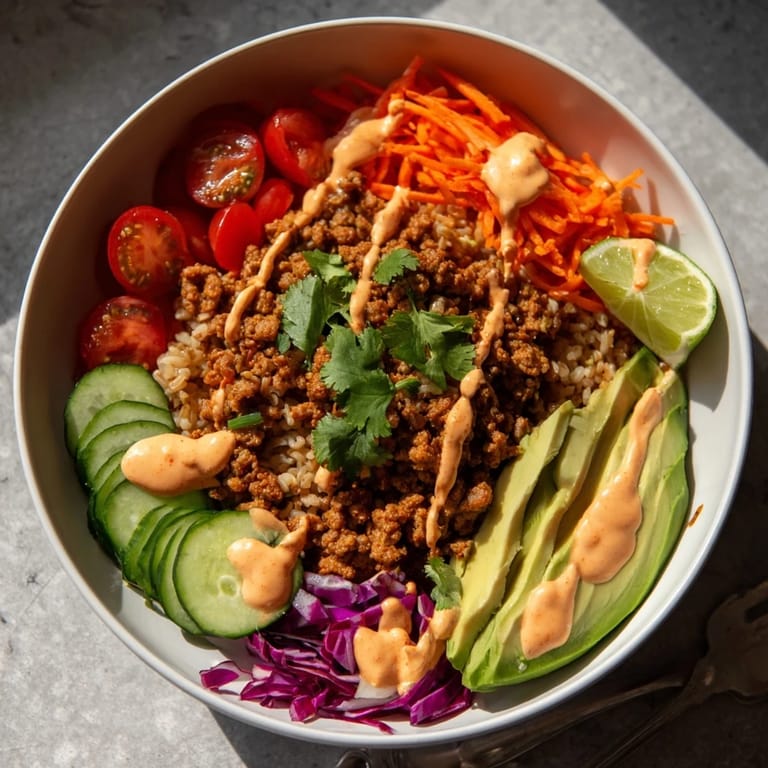 Satisfying Plant-Based Meat Bowl with seasoned protein, crunchy toppings, and zesty lime wedges.
