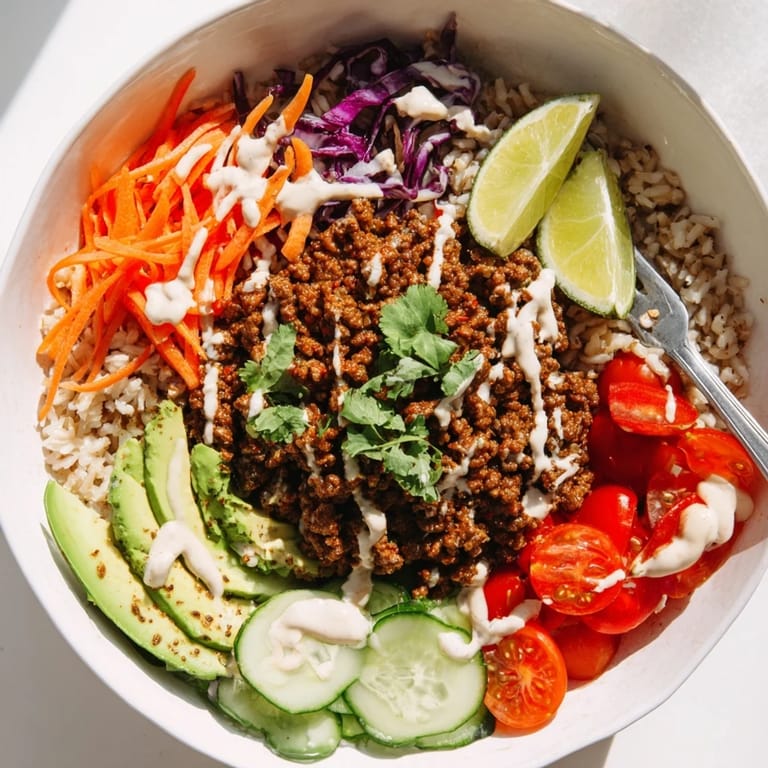Delicious Plant-Based Meat Bowl featuring quinoa, avocado, and vibrant vegetables for nutrition.  