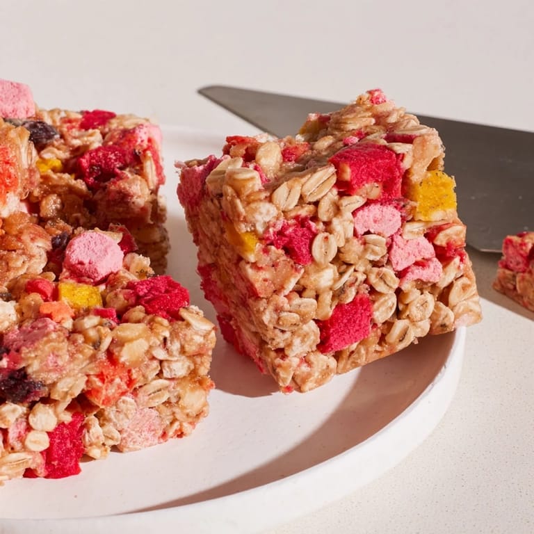 Delightful Freeze-Dried Candy Mash-Up showcasing layers of chewy gummies and oats.