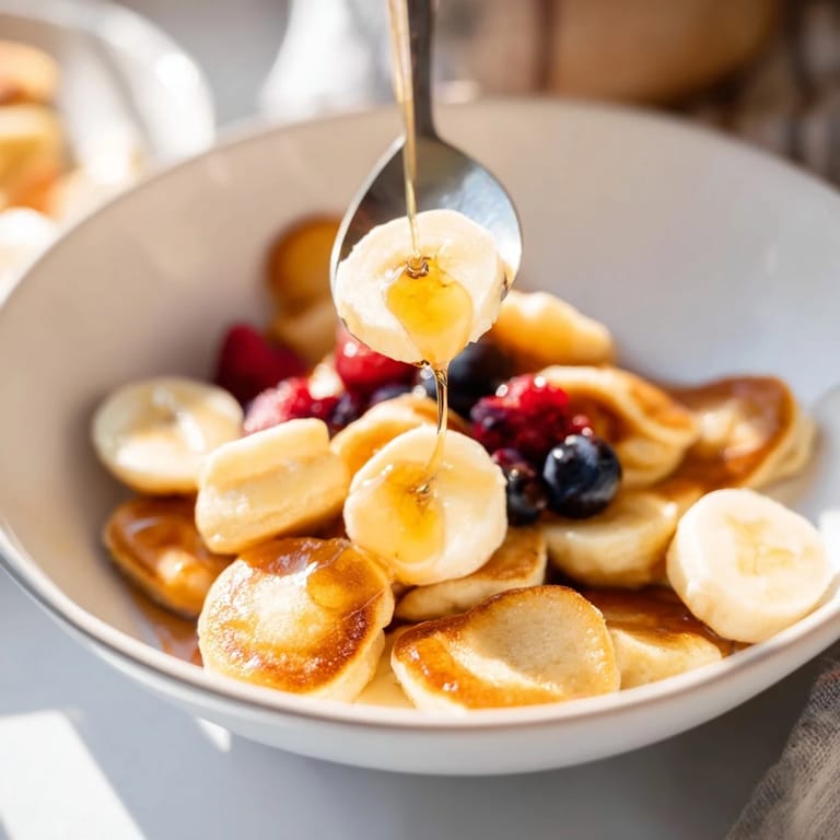 Delightful mini pancake cereal served in a bowl, ready to enjoy with milk.  