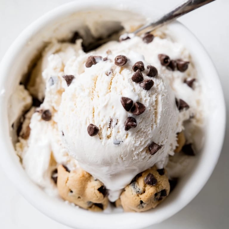 Guilt-free cottage cheese ice cream with chocolate chip cookie dough for a delightful dessert.