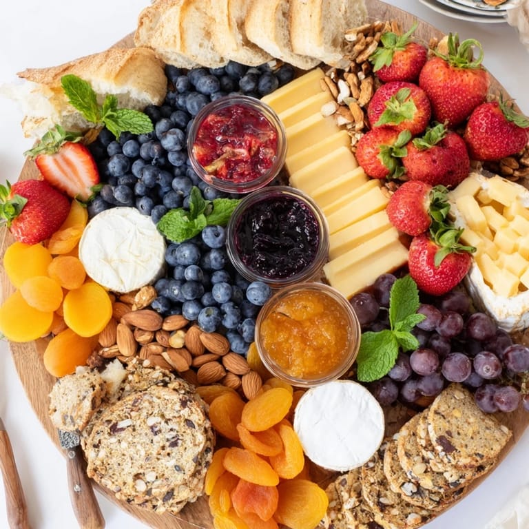 Beautiful arrangement of jam-infused brunch board showcasing vibrant cheeses and nuts.  