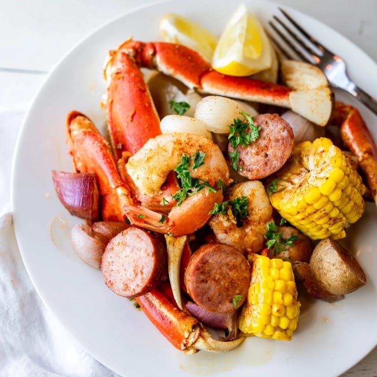 A vibrant Seafood Boil, highlighting tender crab legs and juicy shrimp.  