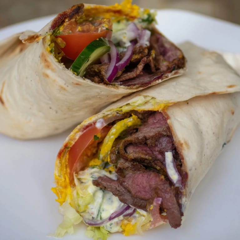 Flavorful beef shawarma wraps served with a tangy yogurt dip and vibrant veggies.  