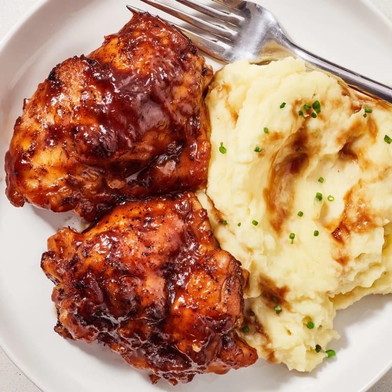 Deliciously glazed honey BBQ chicken thighs, paired with fluffy garlic mashed potatoes.  