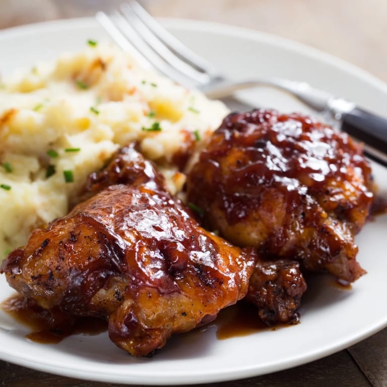 Golden, oven-baked honey BBQ chicken thighs alongside smooth garlic mashed potatoes.