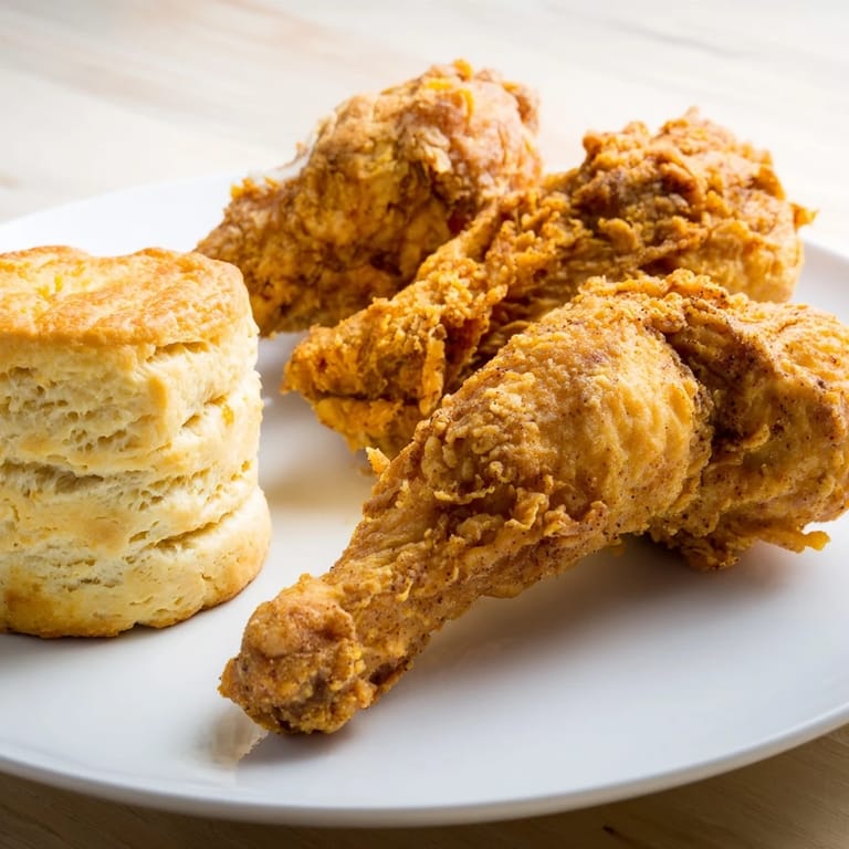 Close-up of juicy, flavorful Southern Fried Chicken, a delightful pairing alongside fresh buttermilk biscuits.