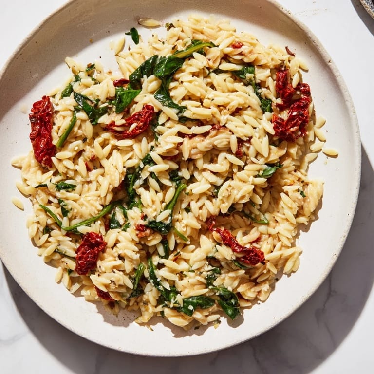 This delicious Creamy Tuscan Orzo Bowl features rich, creamy sauce and fresh spinach, perfect for dinner.