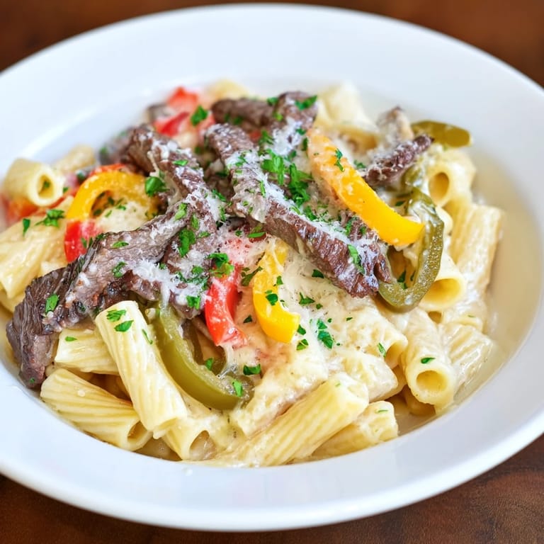 A close-up of a bubbling Philly Cheesesteak Pasta, highlighting the perfect cheesy sauce and pasta.