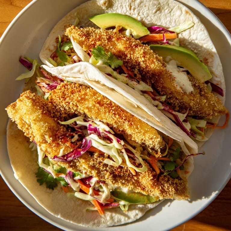 Close-up of golden brown, crispy Crispy Fish Tacos with a bright, colorful cabbage slaw.