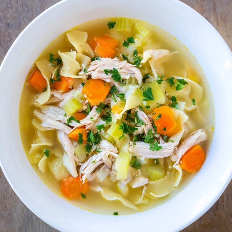 Hearty homemade chicken noodle soup, with visible carrots and tender chicken, ready to warm you up.