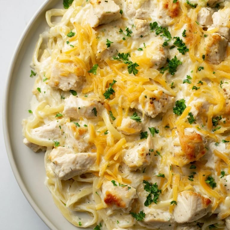 This Chicken Fettuccine Alfredo bake has tender chicken in creamy Alfredo sauce, perfect for dinner.