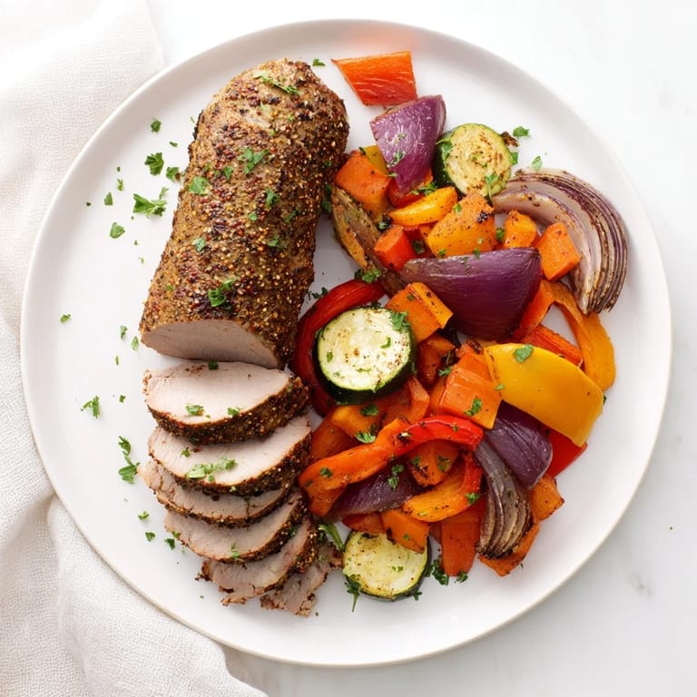 Sizzling close-up of juicy roasted garlic pork tenderloin with tender vegetables, an easy family meal.