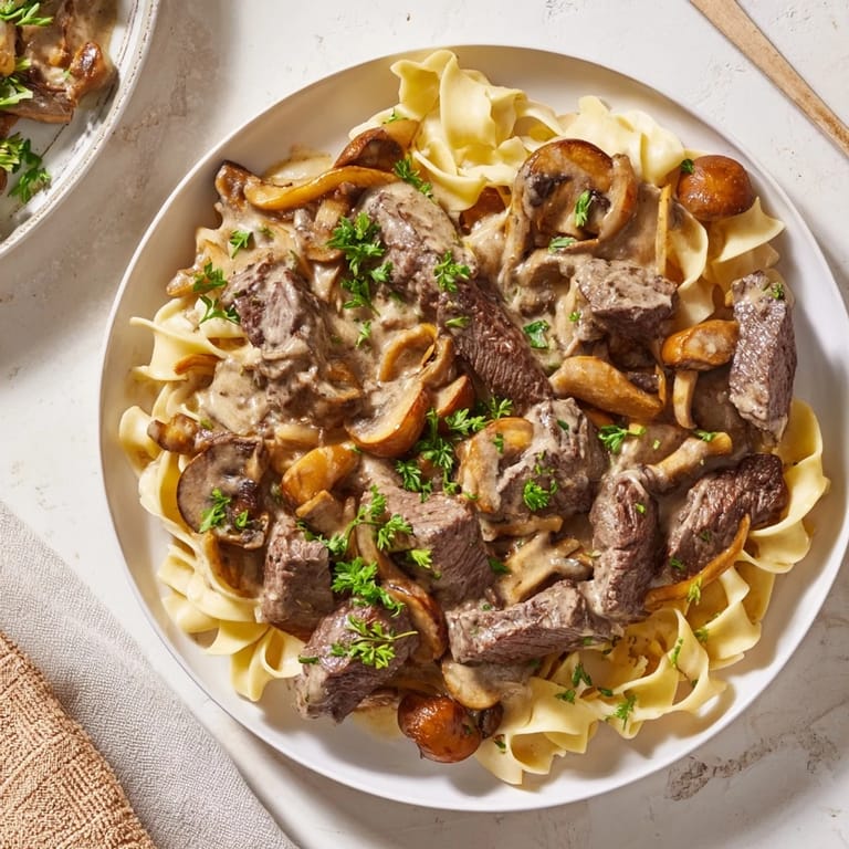 Sizzling Creamy Mushroom Beef Stroganoff, served over fluffy egg noodles, ready to be enjoyed.
