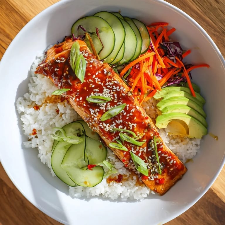 A close-up of a delightful Sweet Chili Salmon Rice Bowl, with colorful vegetable toppings and flaky salmon.