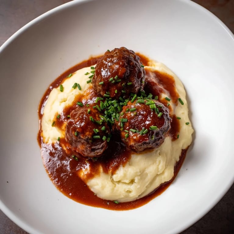 A close-up of savory BBQ meatballs, served atop creamy mashed potatoes; perfect comfort food for dinner.