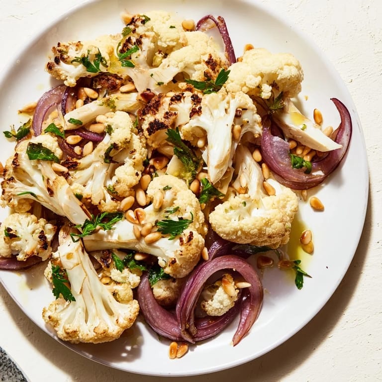 Delicious warm roasted cauliflower & lemon pine-nut dressing salad, perfect for a flavorful side dish.