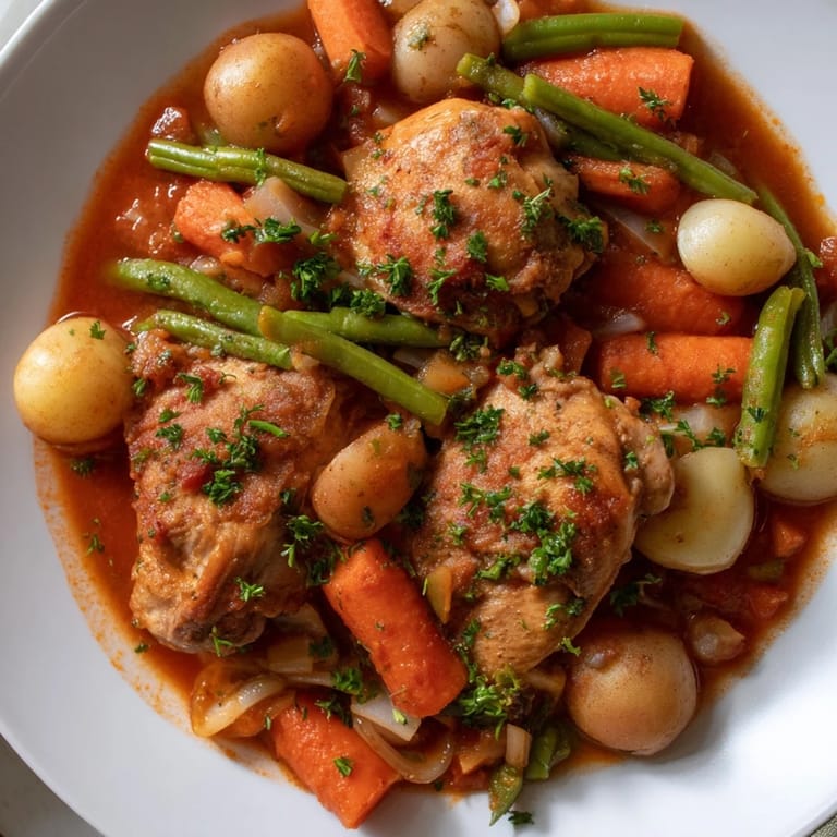 A slow cooker brimming with rich, savory Slow-Cooker Chicken & Vegetable Stew, perfect for a warming dinner.