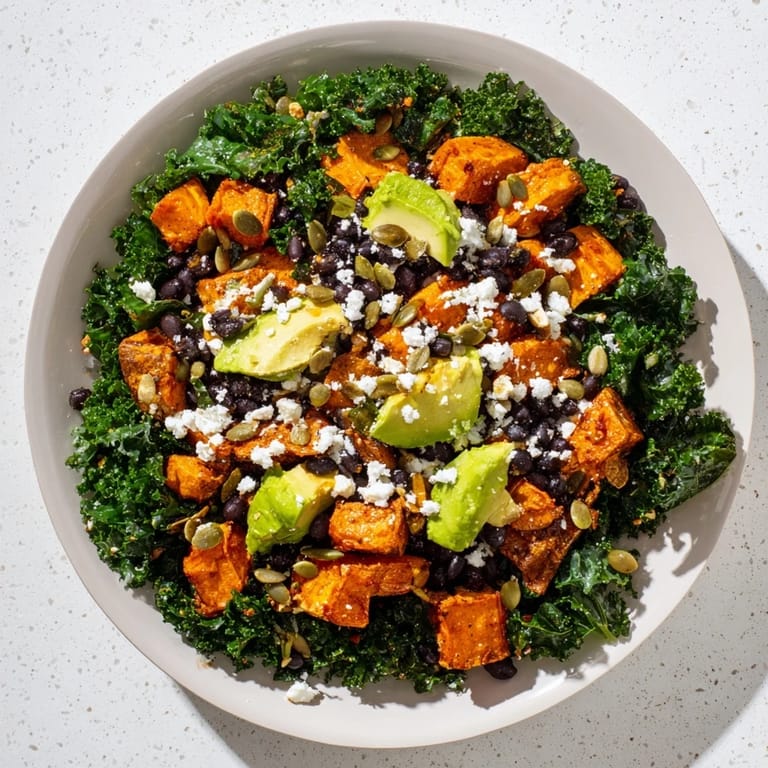 Enjoy a refreshing massaged kale salad combining sweet potato, crunchy pepitas, and a vibrant, flavorful dressing.