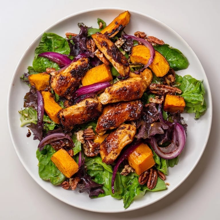 Golden roasted chicken and winter squash sheet-pan salad, a flavorful meal with toasted pecans and feta cheese.