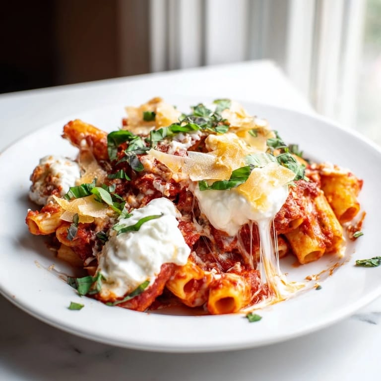 Steam rises from the oven-fresh one-pan baked ziti, a comforting Italian-American dinner.