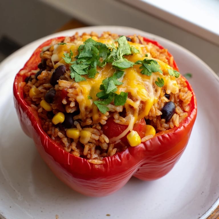 Delicious Stuffed Bell Peppers with melted cheese, a flavorful and hearty vegetarian meal idea.