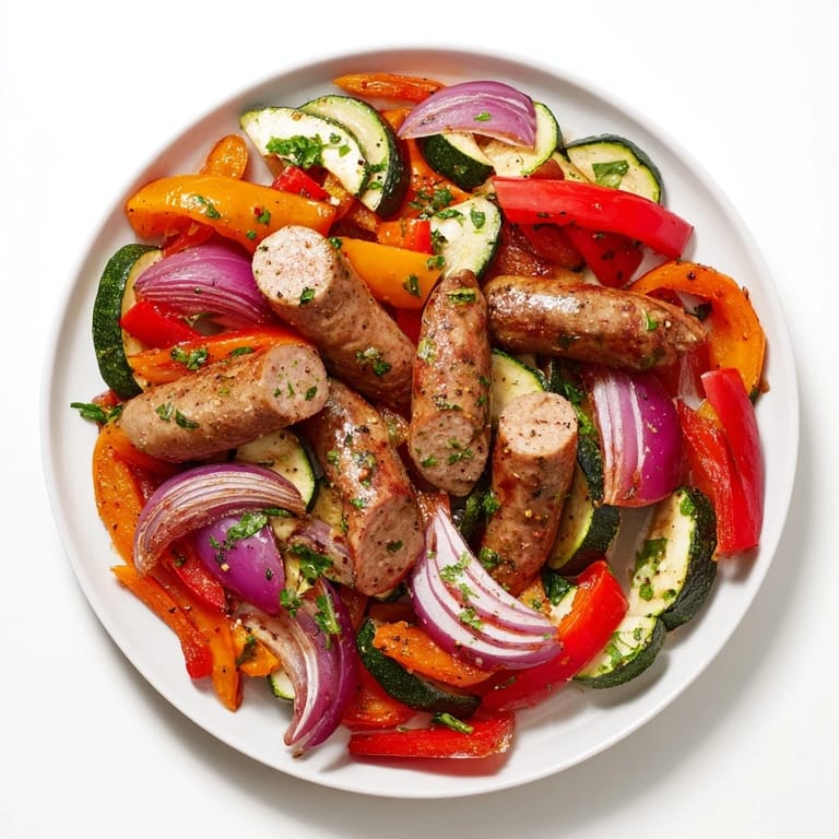 Ready-to-eat sheet-pan roasted veggies and sausage: a delicious mix with herbs, ready to serve hot.
