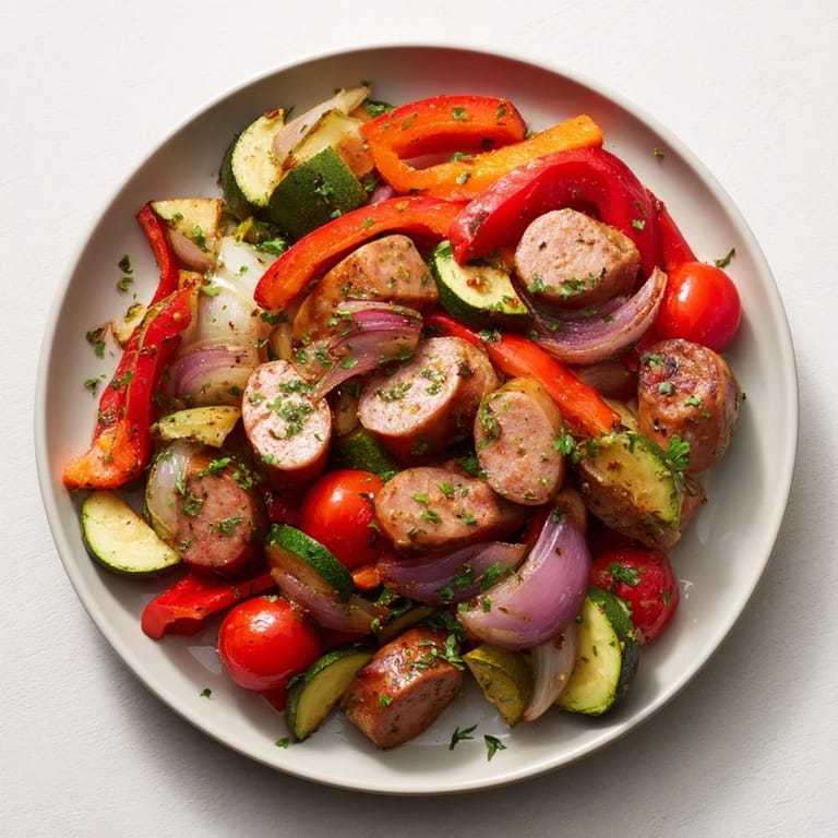 Golden, flavorful sheet-pan roasted veggies & sausage, a comforting and easy one-pan dinner idea.