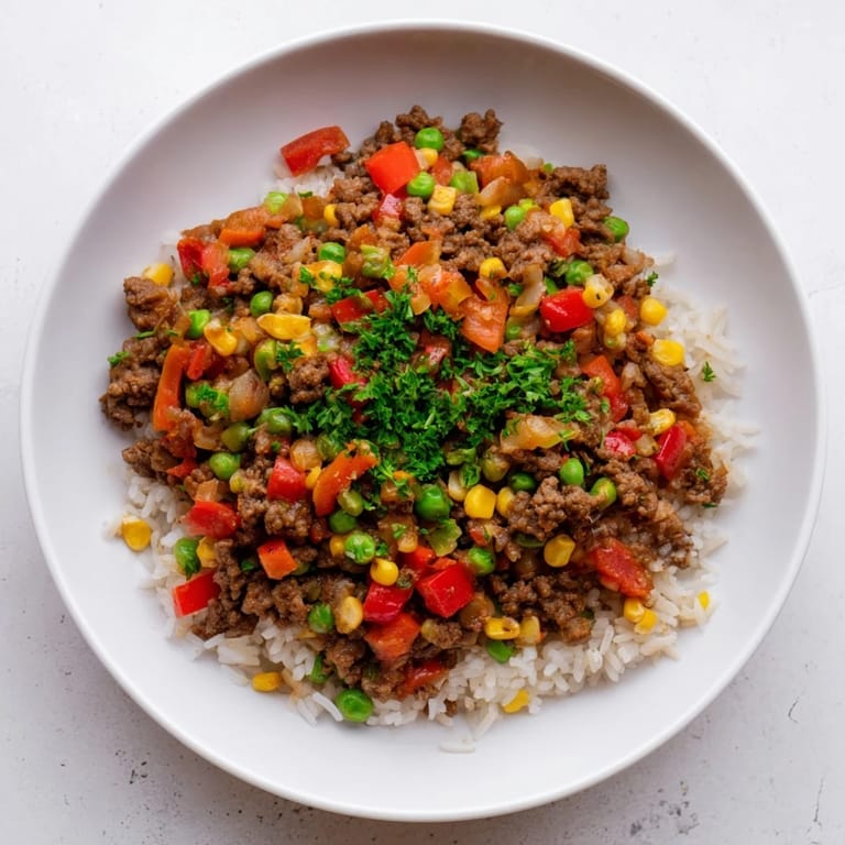 This Ground Beef Skillet with Veggies & Rice is steaming hot, ready to serve with fresh herbs.